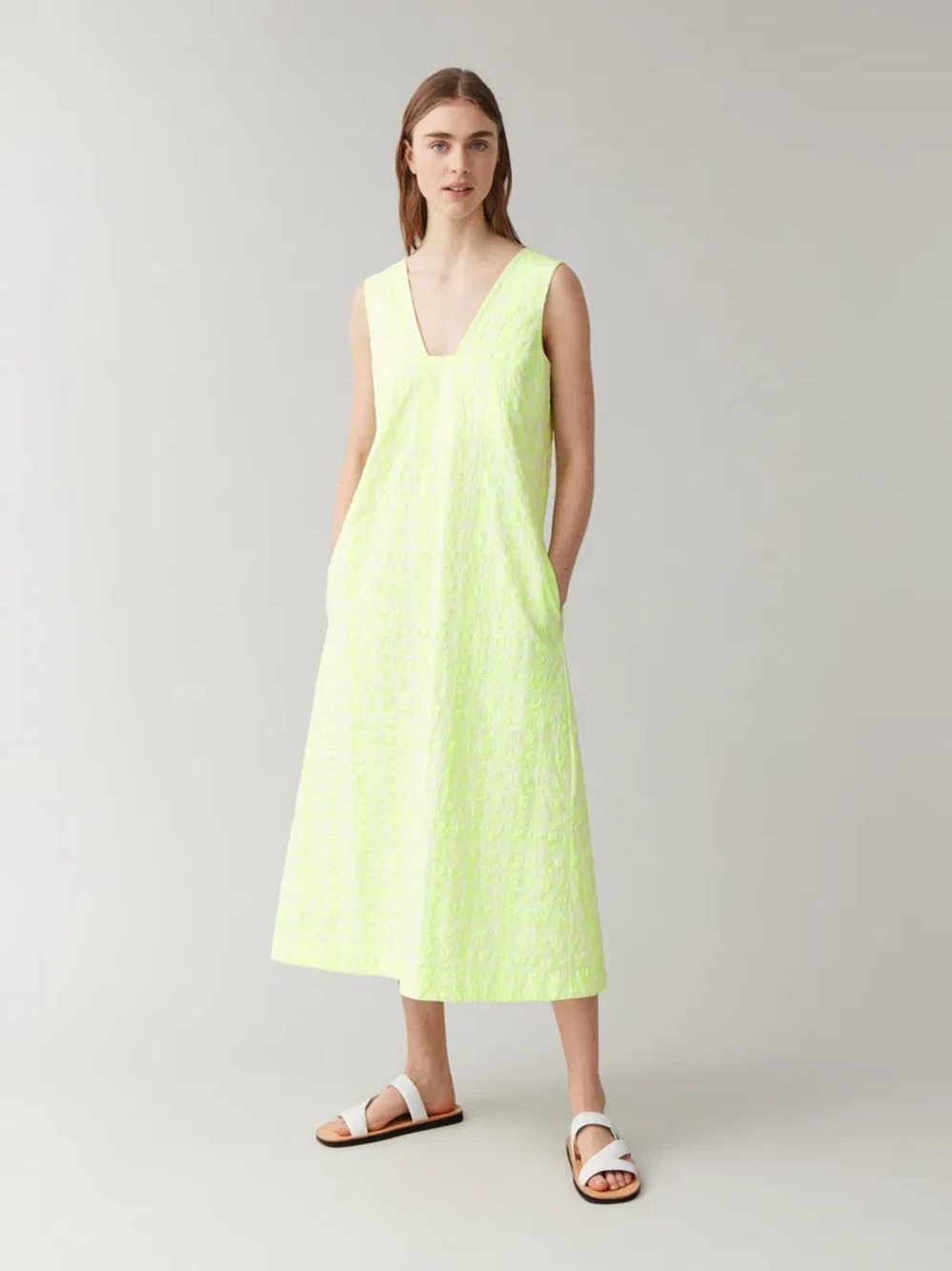 COS Neon Yellow Checked Gingham Seersucker V‑Neck Sleeveless Midi Dress